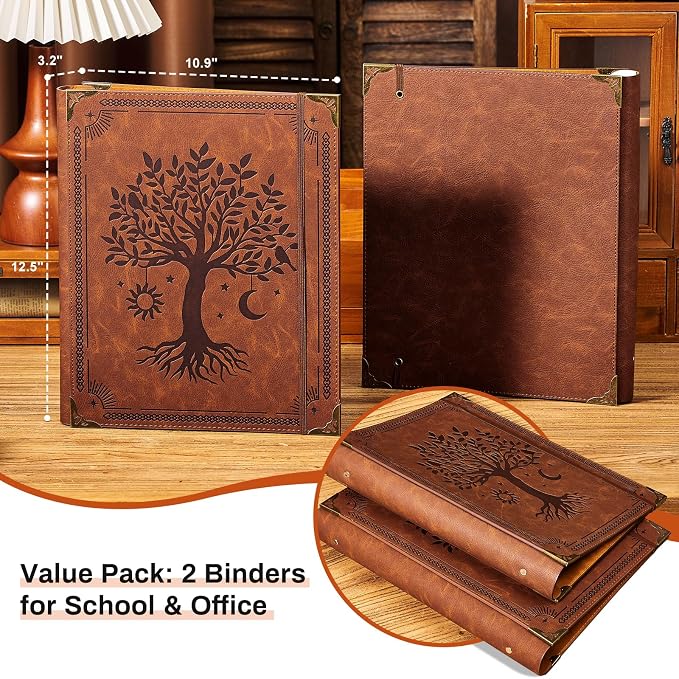 OVESMUSL 2 Pack PU Leather 3 Ring Binder, 2 Inch Brown Tree | Fits 8.5x11 letter paper, holds 500 sheets, loose leaf organizer