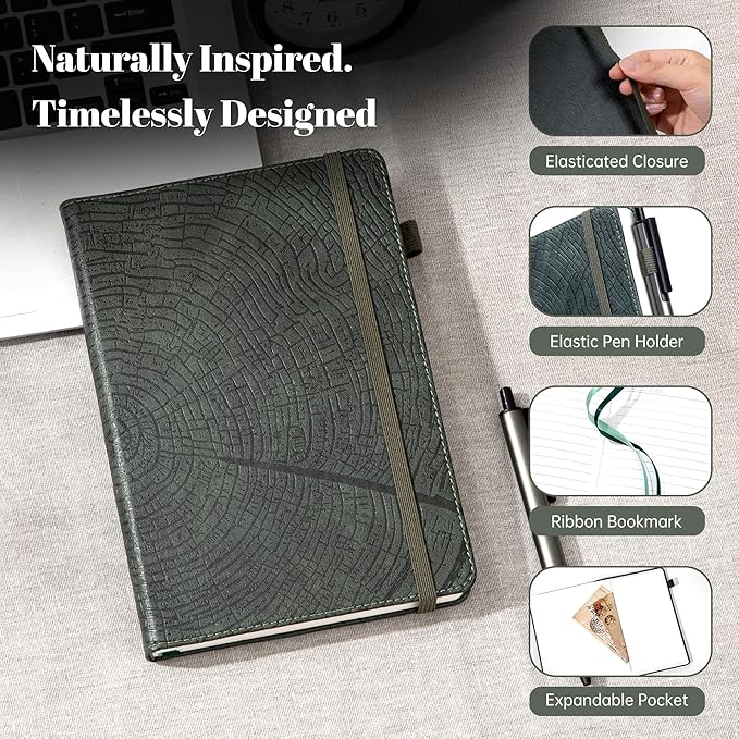 CAGIE Lined Journal for Men Women, Tree Growth Ring Leather Bound Journal Notebook 256 Pages 100 GSM Journals for Writing, A5 Hardcover Journaling Notebooks,2 Pack (Brown & Dark Green)