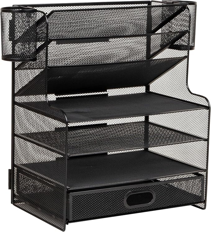 Mind Reader Mesh Desk Organizer, 6 Compartments, 1 Drawer, 2 Pen Cups, Office Desktop Organizer, Metal Mesh, Black