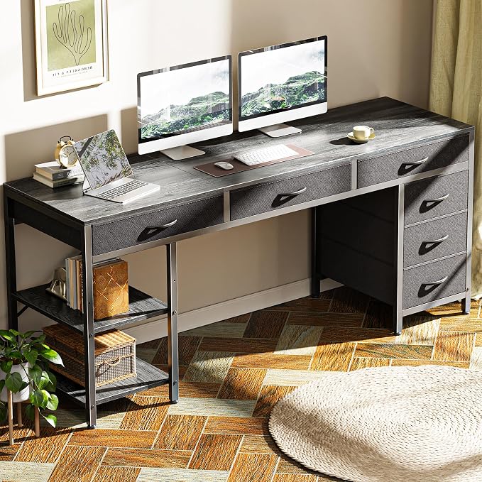 Huuger Computer Desk with 6 Drawers, Office Desk with Shelves, Reversible Gaming Desk, Corner Desk with Storage, Work for Home Office, Study, Living Room, 63inch, Grey