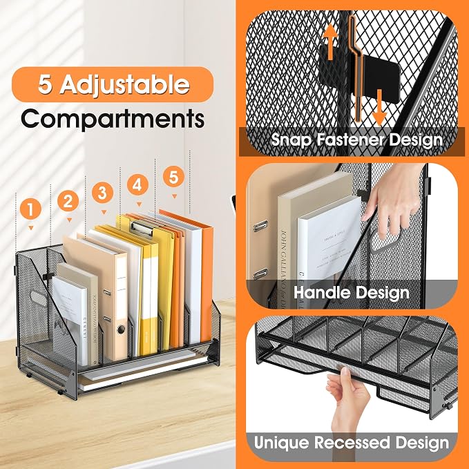 5 Vertical Mesh Desk Organizer with Paper Letter Tray, Black | Sorting racks with lower letter tray section. Multipurpose mesh desktop space saver for home office and school