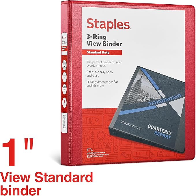Staples 1" 3-Ring View Binders, D-Ring, Red, 4/Pack
