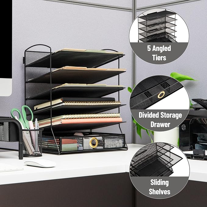 Mind Reader 5 Tier Desk Organizer, Black | Sliding Trays and Drawer, Metal Mesh File Sorter, Angled Shelves, Divided Storage