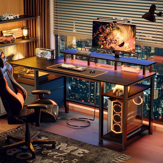 Furologee 61" Gaming Desk with Outlets & LED, Large Computer Desk, Black | AC Outlets & USB, Ergonomic Monitor Stand, Drawer & File Cabinet, Adjustable Shelf, Reversible Table for Bedroom, Dorm