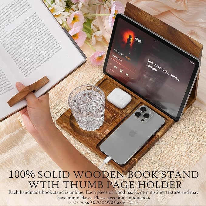 Book Holder Stand for Reading Rest Wooden Book Rest Book Nook Reading Valet | Foldable Desktop Triangle Bookstand with Book Page Holder, Cup, iPad & Phone Stand Bookshelf for Readers Bookworms Gifts