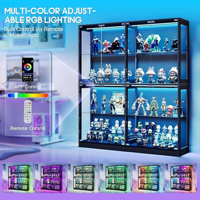AMERLIFE 60-Inch RGB Display Cabinet with Glass Shelves | 70 H x 60 W x 16 D In, 4-Tier Storage, RGB LED Lights, Press-to-Open Doors, for Collectibles, Black
