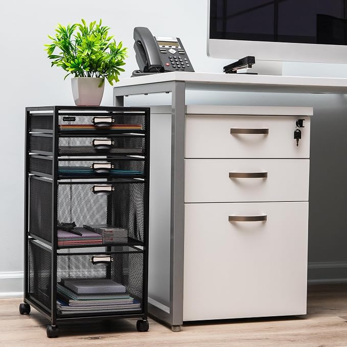 Mind Reader Vertical Office Storage Organizer with Mesh Drawers Label Holders and Optional Wheels, Metal Mesh, Black