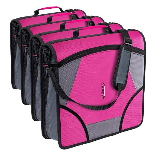Case-it King Sized Zip Tab School Zipper Binder | 4-Inch D-Rings, 800 Sheet Capacity, 5-Subject Expanding File Folder, Multiple Pockets & Storage Organizer, Shoulder Strap | D-186 Magenta (Pack of 4)