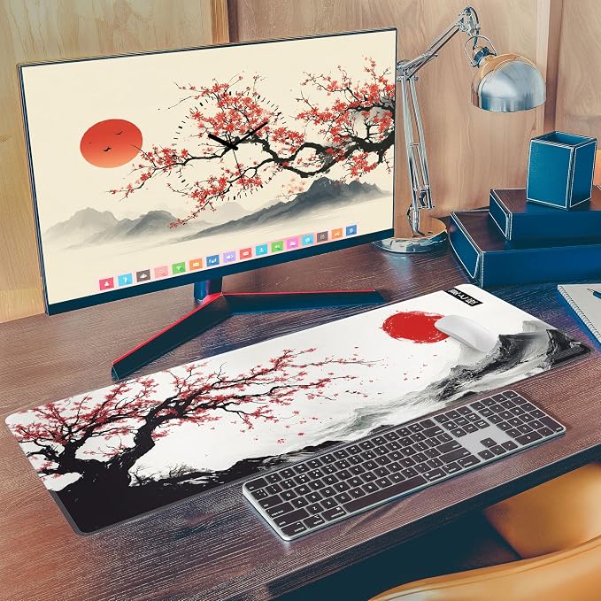 XL Sakura Cherry Blossom Mouse Pad – Japanese Gaming Desk Mat for Keyboard & Mouse – Non-Slip Water-Resistant Surface, Stitched Edges – 31.5x11.8 in (X-Large)