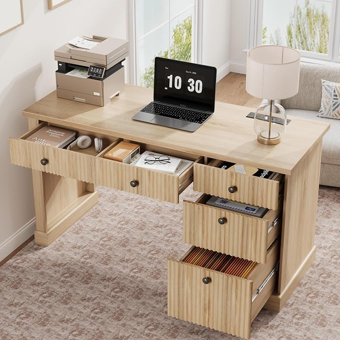 54" Fluted Home Office Desk, Oak Modern Executive Desk for Home Office | 1 File Drawer, 3 Drawers, Charging Station, Retro Metal Knob, Ball-Bearing Sliderails, Wooden Computer Desk, Writing Desk
