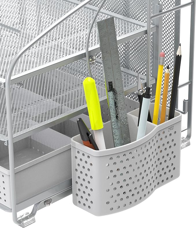 Simple Houseware 3-Tier Desk Organizer with Sliding Drawer, Silver | Hanging File Holder and Pen Holder Accessory
