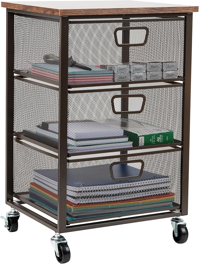 Mind Reader 3 Drawer Storage Organizer with Wood Top, Rolling Office Organizer Cabinet with Wheels, Office, Metal Mesh, Black