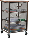 Mind Reader 3 Drawer Storage Organizer with Wood Top, Rolling Office Organizer Cabinet with Wheels, Office, Metal Mesh, Black