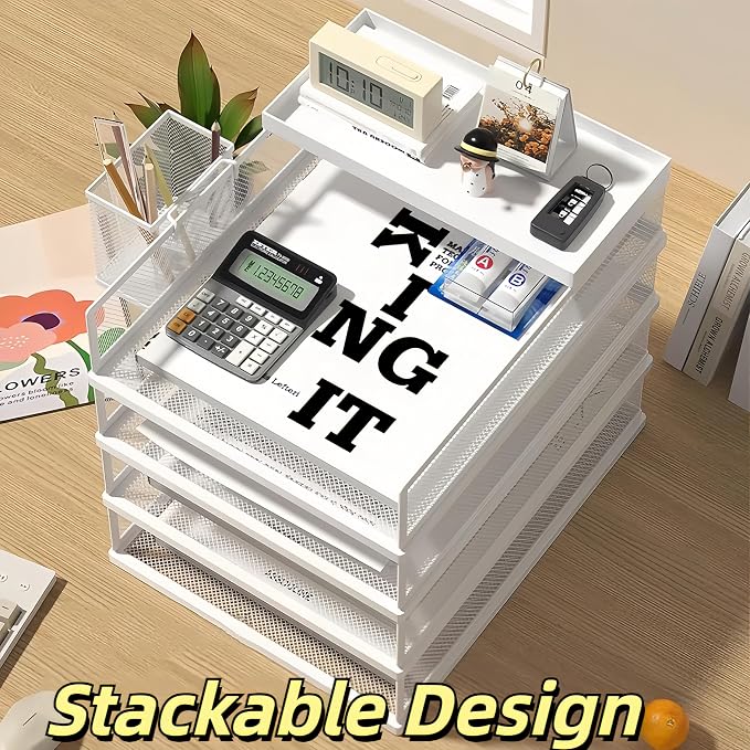 A3 Mesh Desk File Organizer, Stackable Paper Tray，Desktop Document Sorter, File Storage, 3/4/5-Tier Paper Letter Tray Organizer, Desk Accessories & Workspace, Black (4 Tier-Portrait-Black)