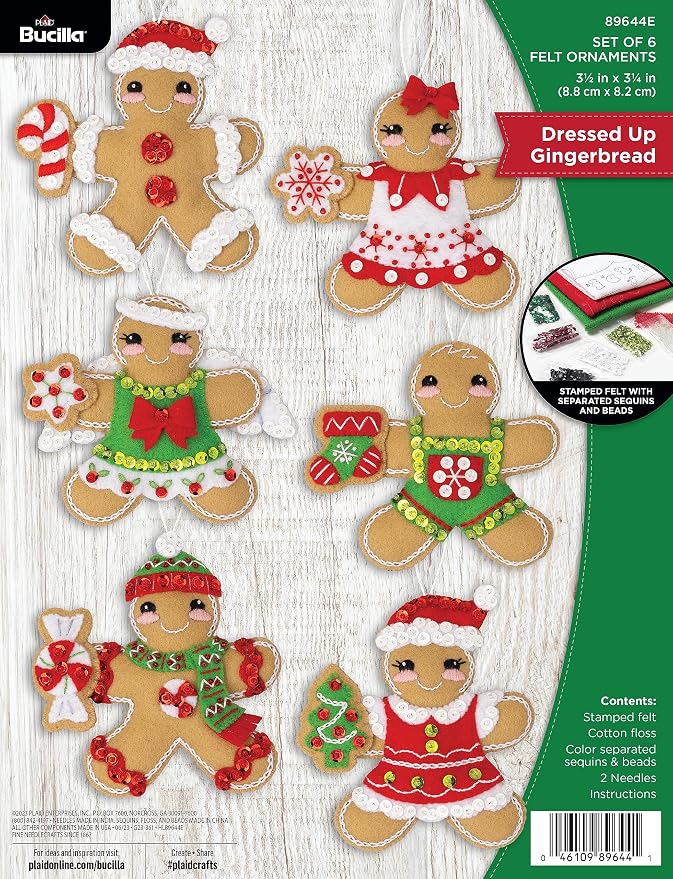 Bucilla Felt Applique 6 Piece Ornament Making Kit, Dressed Up Gingerbread, Perfect for DIY Arts and Crafts, 89644E