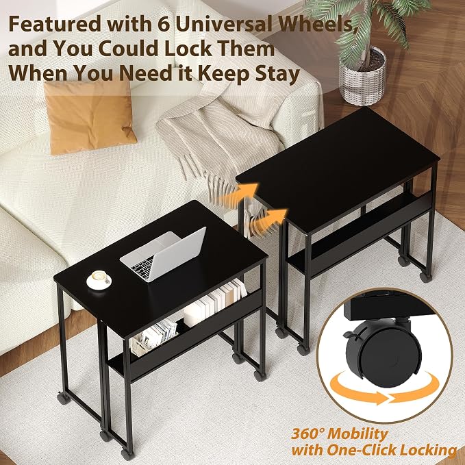 24.8" Folding Desk Rolling Desk with Storage Shelf,Space-Saving Foldable Computer Desk with Wheels,Portable Mobile Couch Sofa Side Table for Small Spaces, Home Office, Study, Easy Assembly,black