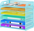 Cawukege 6 Tier Paper Organizer with Handle, Metal Desk Organizer Mesh Paper Letter Tray Desktop File Folder Document Sorter for Classroom, School, Office Accessories Storage (1, 6 Tier - Blue)