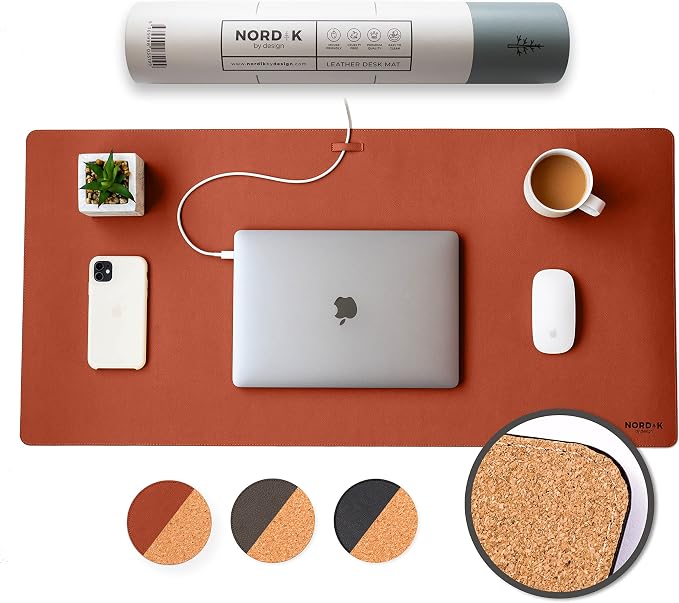 Nordik Leather Desk Mat - Cork Whiskey Brown - Leather Desk Pad (35x17 in) | Premium Vegan Leather Desk Pad with Cable Organizer, Giftable, Extended Waterproof Mouse Mat, Non-Slip Desk Pad Protector