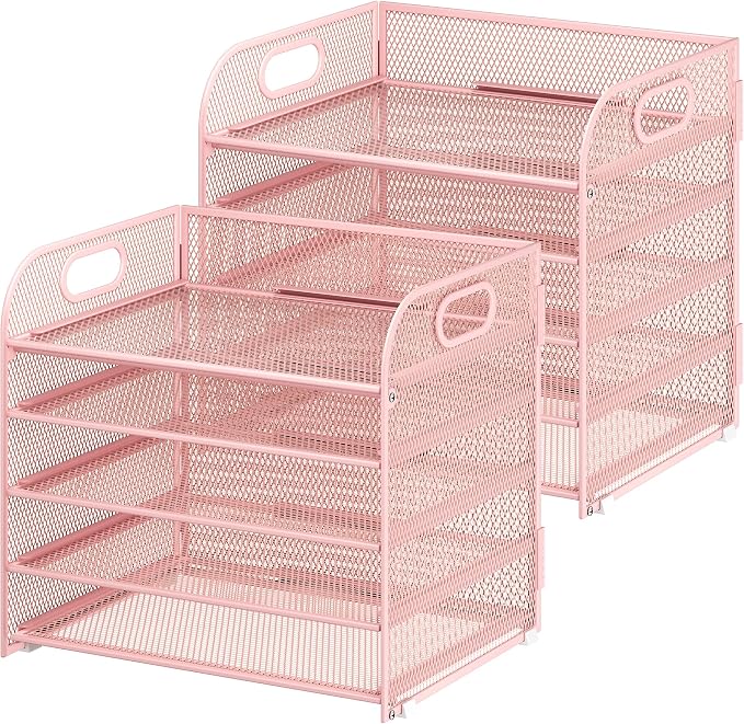 Cawukege 2 Pack 5 Tier Paper Organizer, Letter Tray with Handle, Mesh Desk Organizer, Metal File Organizer, Office Desk Accessories for Home, Office, Classroom, School (Pink, 2)