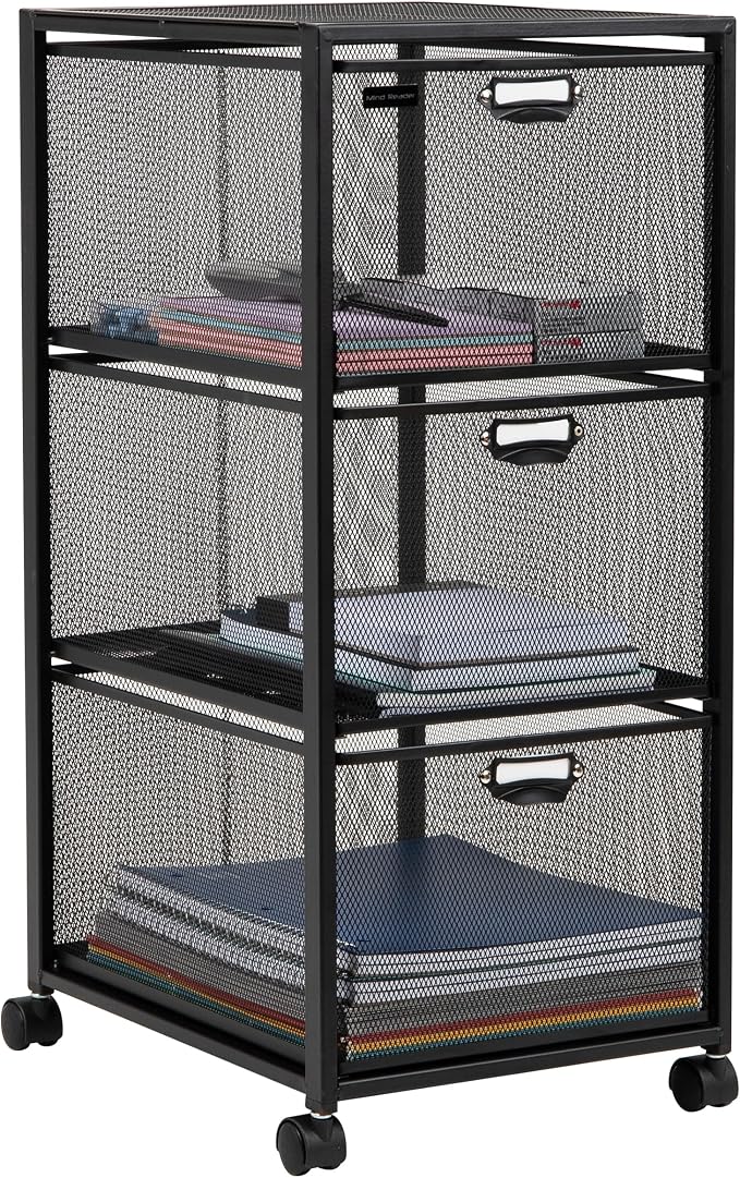 Mind Reader Office Storage Organizer with Mesh Drawers Label Holders and Optional Wheels, Metal Mesh, Black