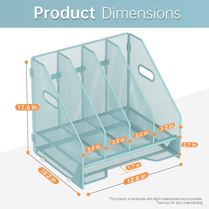 Docnest Mesh Desk File Organizer, 4 Vertical Compartment Box Sorter, Blue | Features 3 removable middle dividers for custom spacing and a bottom letter tray to hold paper, mail, and documents
