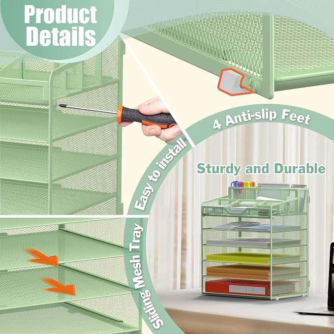 Docnest 6 Tier Mesh Desk Organizer with Letter Tray & Paper Sorter, Green | Features 3 built-in pen holders & 5 adjustable compartments on top. Includes 4 non-slip rubber feet for desk protection