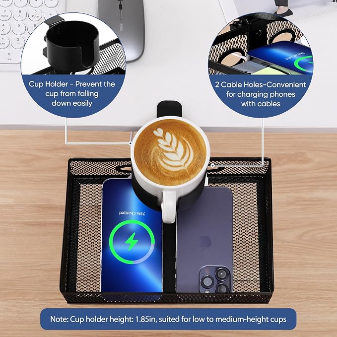 360 Rotating Under Desk Drawer Organizer with Cup Holder Clamp On Desk Drawer No Drilling Swivel Desk Tray Anti-Slip Small Pencil Drawer Under Desk Storage Easy Install for Home Office
