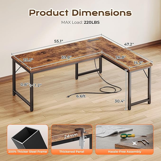 Huuger 55 Inch L Shaped Desk with Power Outlets & 0.95 Inch Thicker Desktop | Reversible Computer Desk, Larger Office Corner Gaming Desk, Metal Frame, for Home Office, Study, Rustic Brown