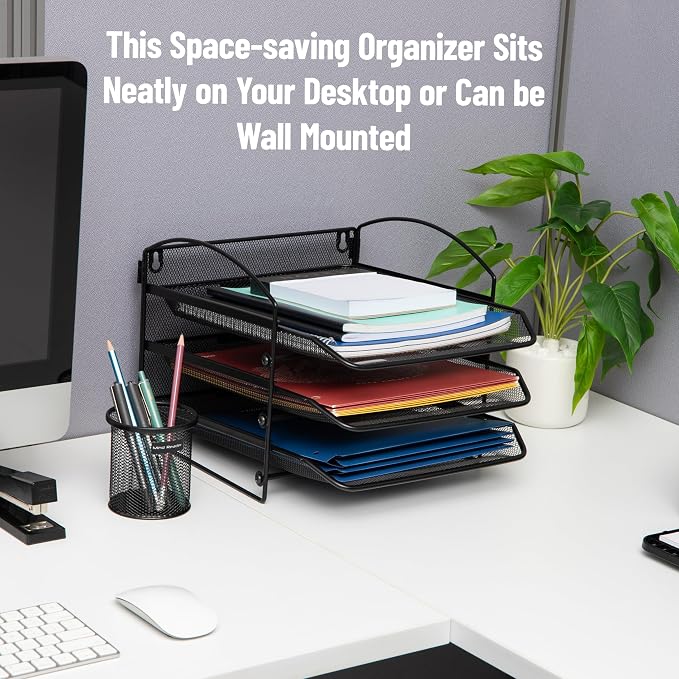Mind Reader 3-Tier Paper Tray, File Storage, Desktop Organizer, Wall Mountable, File Organization, Metal Mesh, Black