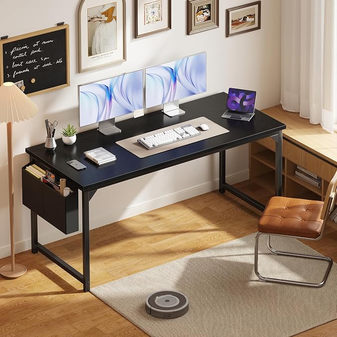 OLIXIS Computer Desk, 63 Inch Gaming Desks for Home Office Small Spaces | Writing Study Craft Work Table, Computer Workstation for Bedroom with Storage Bag, All White