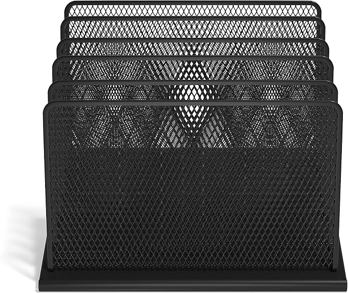 TRU RED Wire Mesh File Organizer, 5‑Compartment, Matte Black, 2‑Pack – Vertical Desktop Sorter for Files, Folders & Mail
