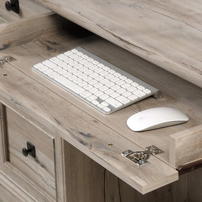 Sauder Palladia Office Desk with Drawers, Executive Desk with File Cabinet Storage, Cable Management, Keyboard Tray, in Split Oak Finish