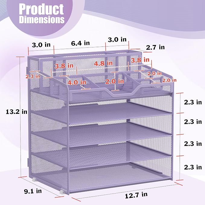 Docnest 5 Tier Mesh Desk Organizer with Letter Tray & Paper Sorter, Purple | Features 3 built-in pen holders & 5 adjustable compartments on top. Includes 4 non-slip rubber feet for desk protection