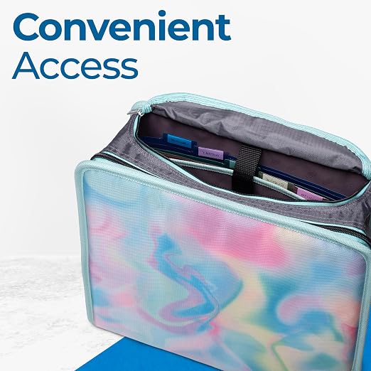 Case-it School Zipper Binder | 3" O-Rings | 600-Sheet | D-146 Light Blue | Mighty Zip Tab, 5-Color Tab Expanding File Folder, Multiple Pockets, Shoulder Strap, Daisy Design, Office