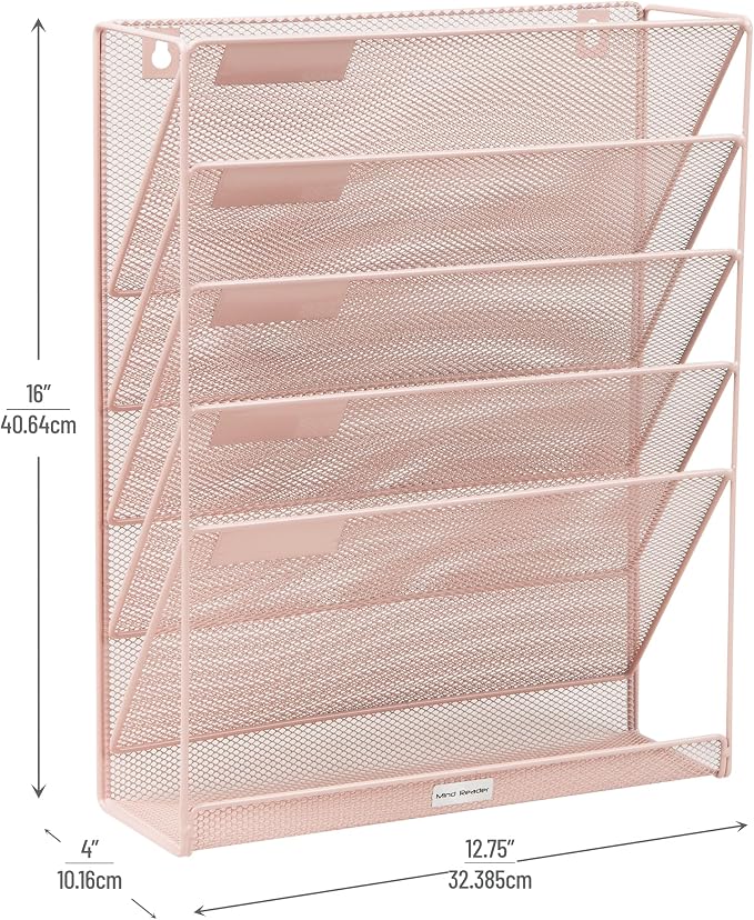 Mind Reader 5-Tier Vertical File Storage, Desktop Organizer, Wall Mount, Office, Metal Mesh, 12.75" L x 4" W x 16" H, Pink (Pack of 4)