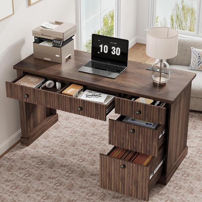 Garvee Fluted Home Office Desk Storage with File Drawers for Home Office | 54" Modern Executive Desk with Charging Station, Wooden Computer Writing Desk for, Study Room, Brown