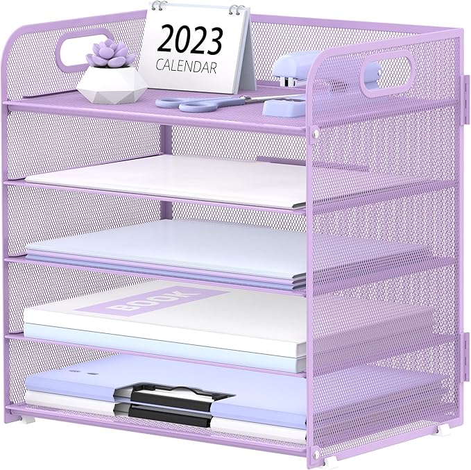 Supeasy 5 Trays Paper Organizer Letter Tray with Handle-Mesh Desk File Organizer, Paper Sorter Desk Organizer for Office, Home or School
