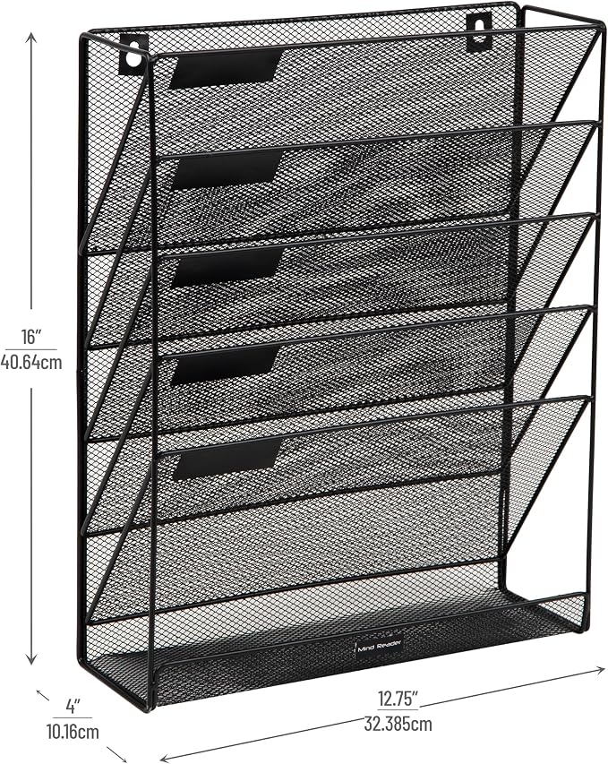 Mind Reader 5-Tier Vertical File Storage, Desktop Organizer, Wall Mount, Office, Metal Mesh, 12.75" L x 4" W x 16" H, Black (Pack of 4)