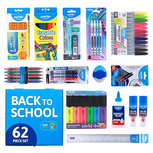 Pointer School Supplies Bundle Kit – A Back to Learning Set Student Value Pack Essentials for Classroom, Writing, Drawing, Crafting, Study Materials Kids, Teens, Home Use Academic Essentials – 62 Pcs
