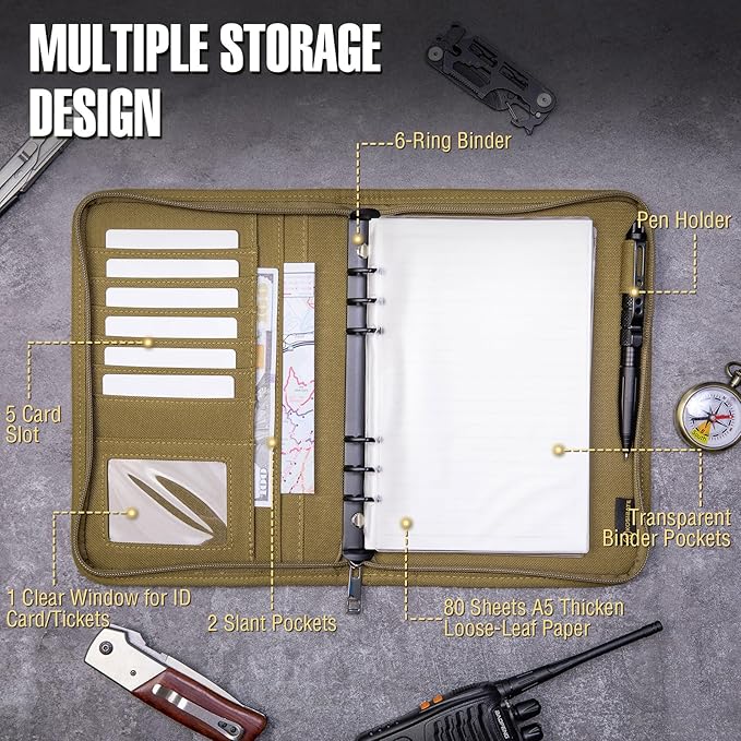 Kosibate Tactical Notebook Padfolio Ring Binder with 80 Sheets, Tactical Binder Zippered for Folders, Cards Refillable 6-Ring Notepad,Army Military Waterproof Notebook Cover(Khaki,7.3"x10.1")