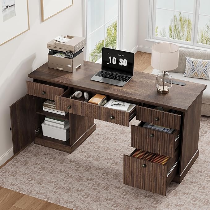 Garvee 60" Office Desk with Storage & Drawers for Home Office, Brown | Fluted Wood Executive Desk with File Drawer & Charging Station, Modern Computer Desk with Adjustable Shelves