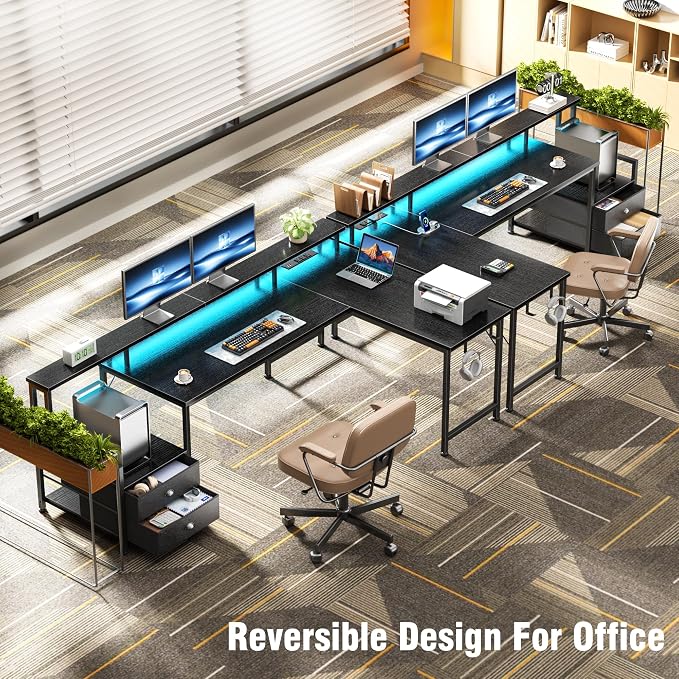 Korfile 66'' L Shaped Gaming Desk with Drawers and Storage Shelves, Reversible Corner Desk with Power Outlets and Host Stand, Large Computer Desk with Led Lights for Gaming, Work, Home Office, Black | Large Black Computer Desk with Host Stand, Reversib...
