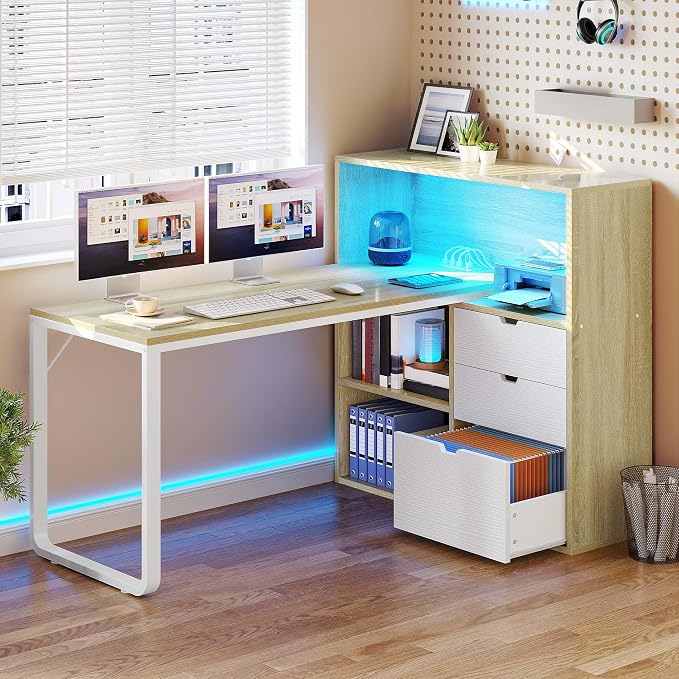YITAHOME 55" L Shaped Corner Computer Desk with Drawers & Power, White Oak | Corner Desk with Drawers, Bookshelf, L Shaped Desk with Power Outlets, LED Lights, File Cabinet, for Home Office