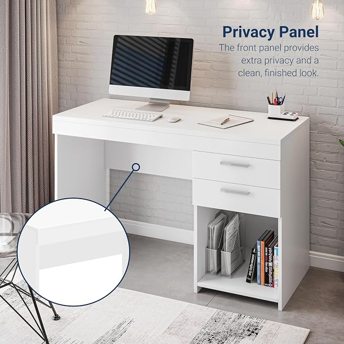 Techni Mobili 48 Inch Modern Compact Computer Desk with Drawers, White | 48 Inch modern desk with storage drawers, sturdy frame, compact design, ideal for bedrooms and home office workspaces