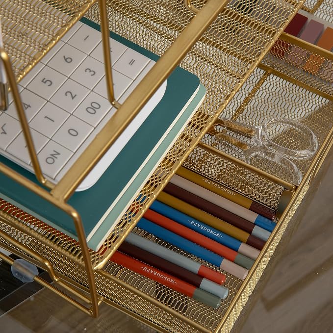 Martha Stewart Ryder Mesh Metal Desktop Organizer with Drawer, Gold | Steel Mesh, Gold Finish
