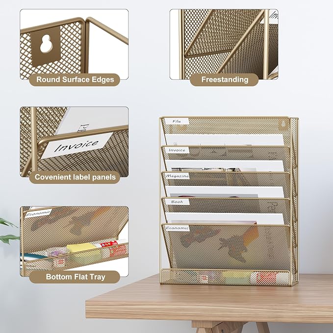 EasyPAG 5 Tier Wall File Holder, Mesh Hanging Folder Organizer with Classify Label, Versatile Desk File Holder, Vertical Wall Mounted Mail Organizer for Office Home Cubicle, Gold