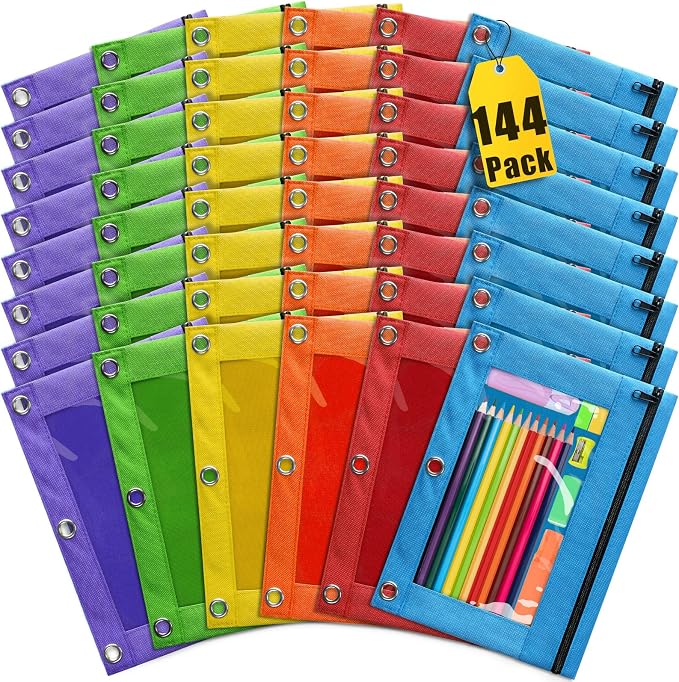 Pencil Pouch for 3 Ring Binder, Bulk Pencil Pouches with Zipper, 144 Pack | 6 Assorted Colors, Clear Window Binder Pouches for Students Teachers, Classroom, Back to School Supplies, Office Organization