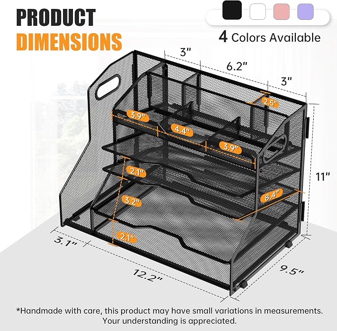 YINGHUA 5-Tier Mesh Desk Organizer and File Holder, Letter Tray - Black | Sturdy steel mesh with 3 sliding trays, 2 handles, 6 adjustable top sections. U-shaped design for easy access to office files