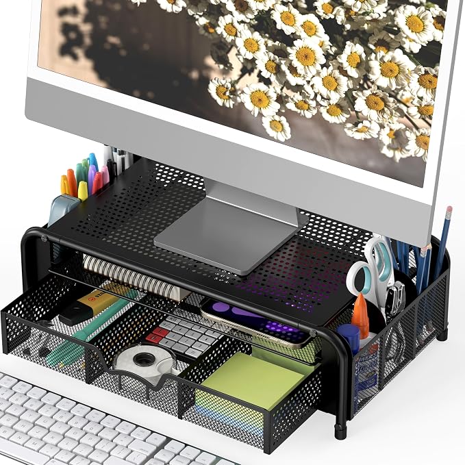 Simple Houseware Monitor Riser Stand w/Pull-Out Drawer & Pen Holder, Black
