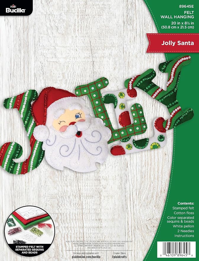 Bucilla Felt Applique Wall Hanging Kit, Jolly Santa, Perfect for Holiday DIY Arts and Crafts, 89645E